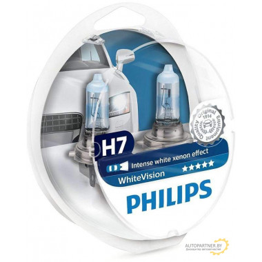 Лампа галогенная WhiteVision H7 +W5W 12V 55W (2+2 шт.) PHILIPS / 12972WHVSM