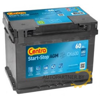 Батарея аккумуляторная CENTRA AGM Start&Stop аккумулятор 12V 60Ah 680A ETN 0(R+) B13 242x175x190 17,9kg