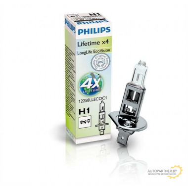 Лампа галогенная LongLife EcoVision H1 12V 55W PHILIPS / 12258LLECOC1