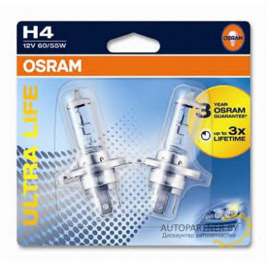 Лампа галогенная Ultra Life H4 12V 60/55W (2 шт.) OSRAM / 64193ULT02B