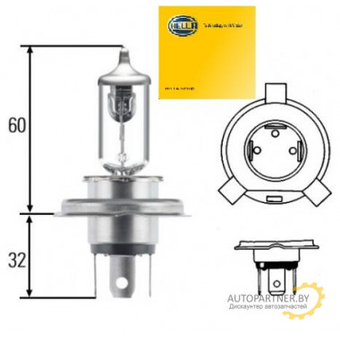Лампа галогенная H4 12V 60/55W HELLA / 8GJ002525981