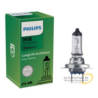 Лампа галогенная LongLife EcoVision H18 12V 65W PHILIPS / 12643LLC1