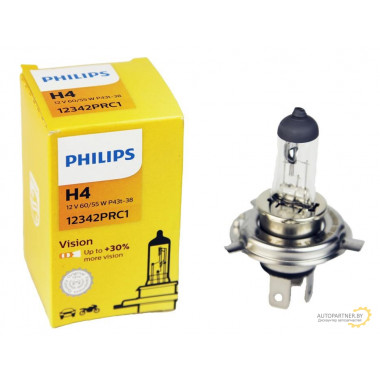 Лампа галогенная Vision +30% H4 12V 60/55W PHILIPS / 12342PRC1