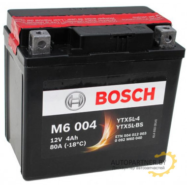 Аккумуляторная батарея BOSCH 0092M60040 для мототехники BOSCH MOBA AGM M6 12V 4AH 30A (YTX5L-4/YTX5L-BS) 114x71x106mm 2.1kg